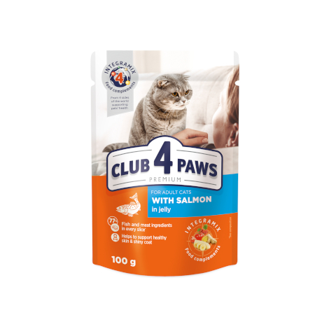 CLUB 4 PAWS Премиум "С лососем в желе". Полнорационный консервированный корм для взрослых кошек